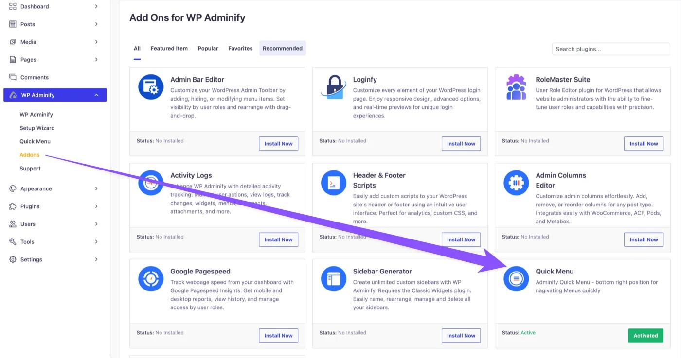 Install Quick menu addon by WP Adminify