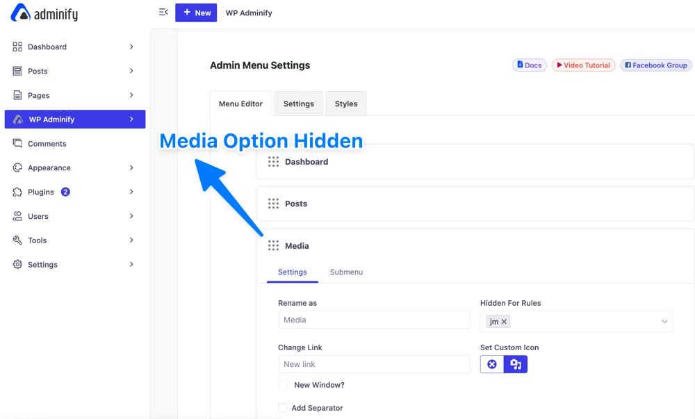 Hide admin menu items for any user name including Adminstrator