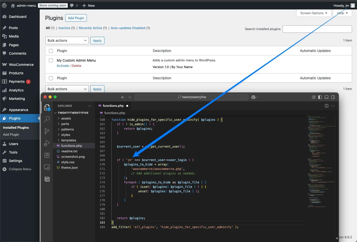 hide WordPress plugins for a specific username