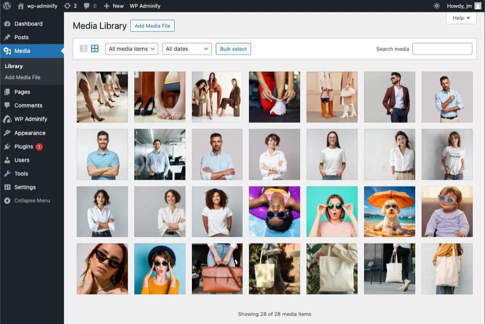 WordPress media library without folders showing unorganized images