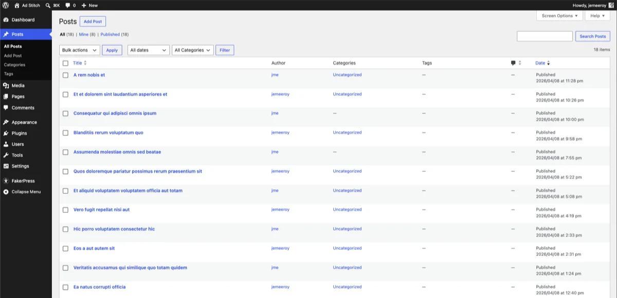 The new DataViews interface on the Posts screen — showing inline filters, grid/list toggle, and modern table layout