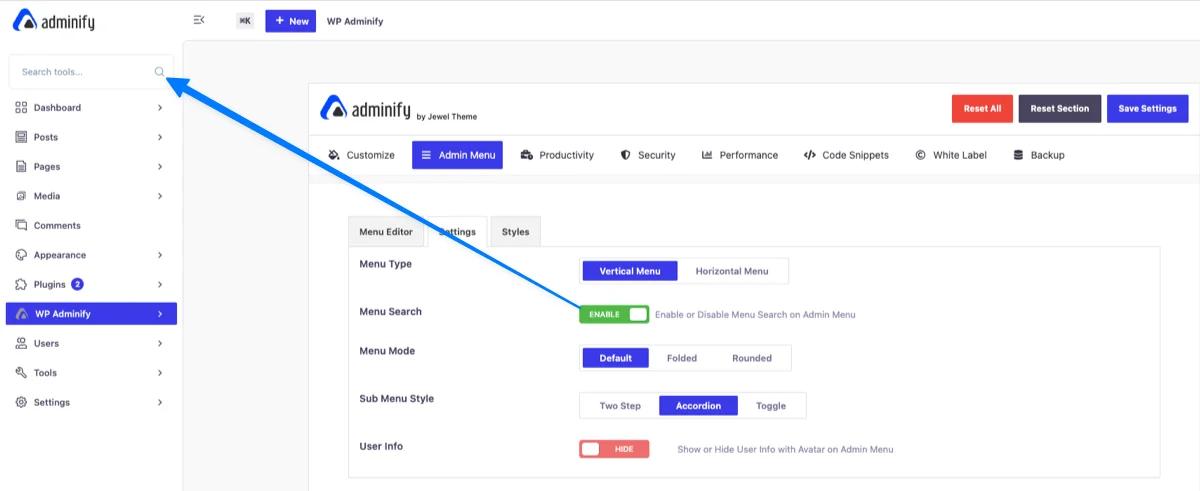 WP Adminify Admin Menu Search bar at top of WordPress dashboard menu