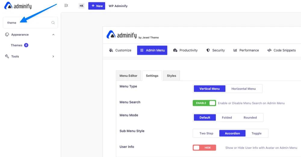 Admin Menu Search filtering WordPress admin menu items as user types