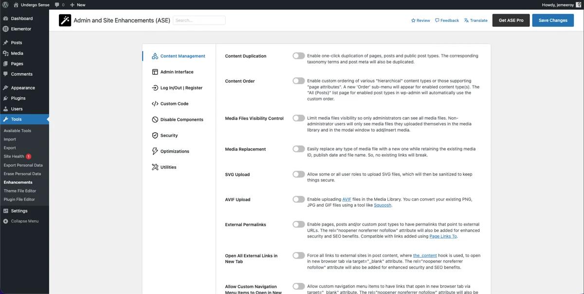 WP Ase option panel
