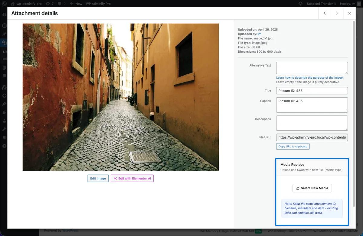 The Media Replace metabox appears below the File URL section.