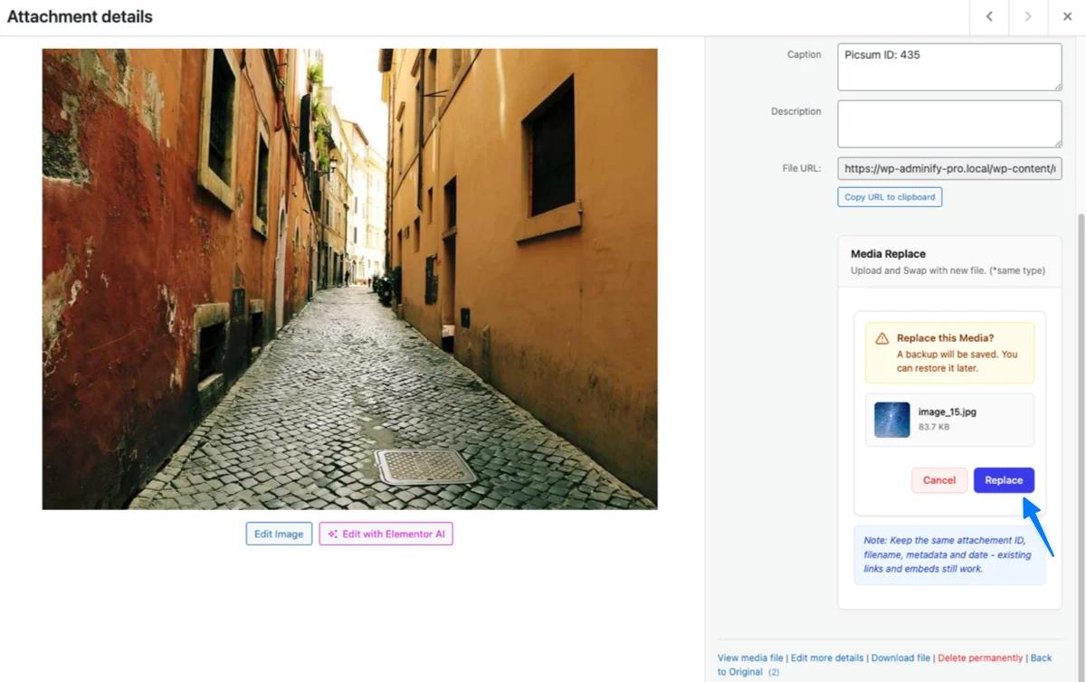 The confirmation modal shows the incoming file with size, plus Cancel/Replace actions