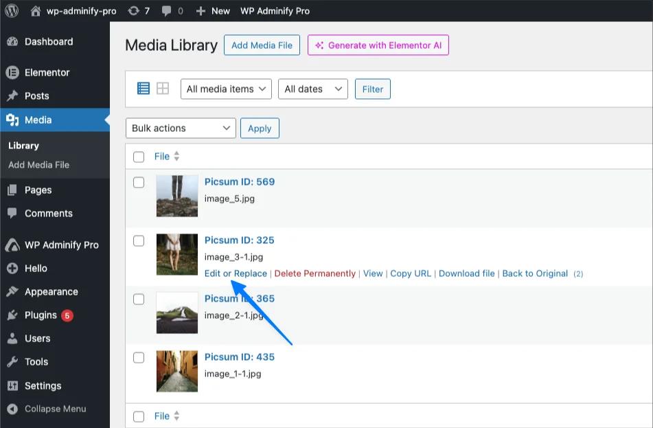 WordPress media list view edit or replace button