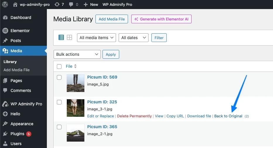 Back to orginal from list view in WordPress media