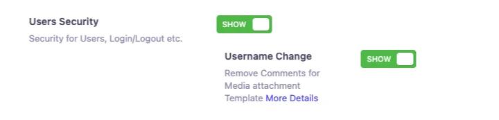 WP Adminify Security panel with Users Security set to Show and Username Change toggled to Yes
