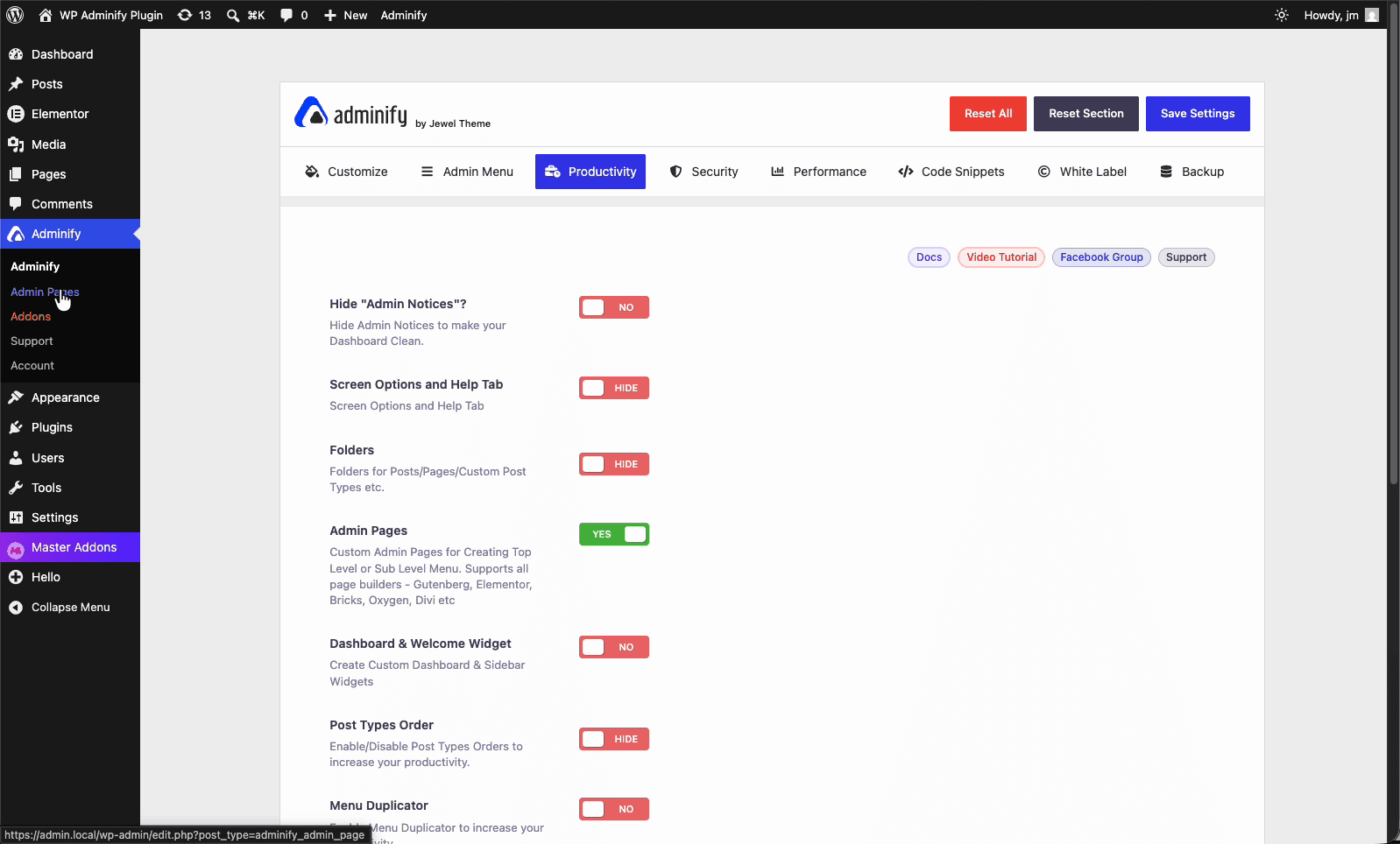 The Admin Pages list screen in WP Adminify with the Add Admin Page button and an empty page table
