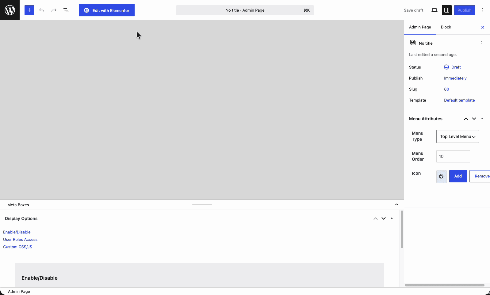 Setting the Menu Type, Menu Order, and Icon in the WP Adminify Admin Page panel
