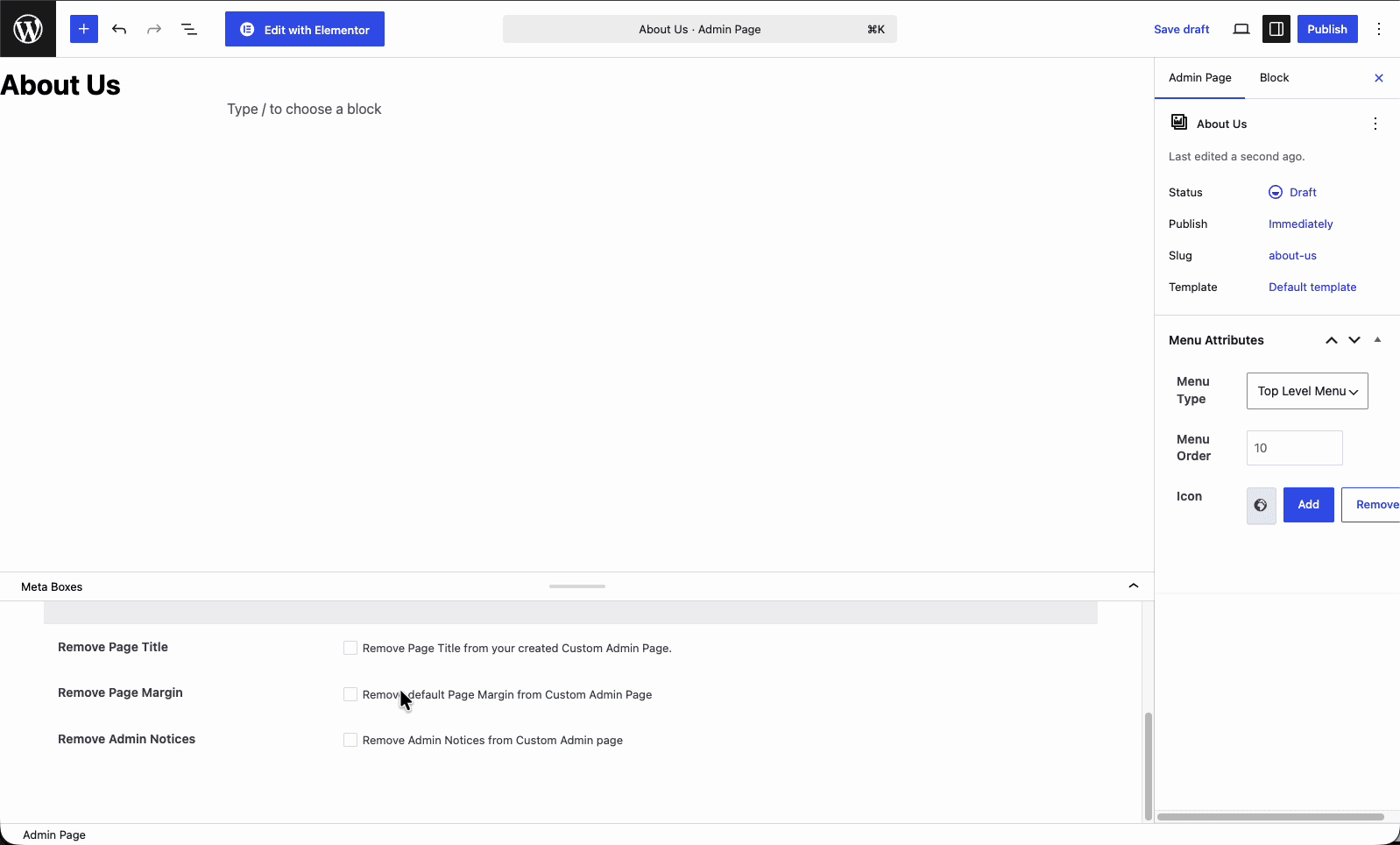 The Display Options meta box showing Remove Page Title, Remove Page Margin, and Remove Admin Notices checkboxes
