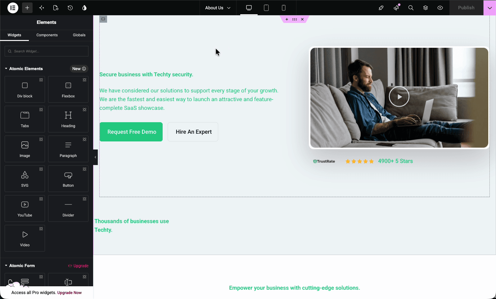 Designing the custom admin page inside the Elementor editor using the widget panel