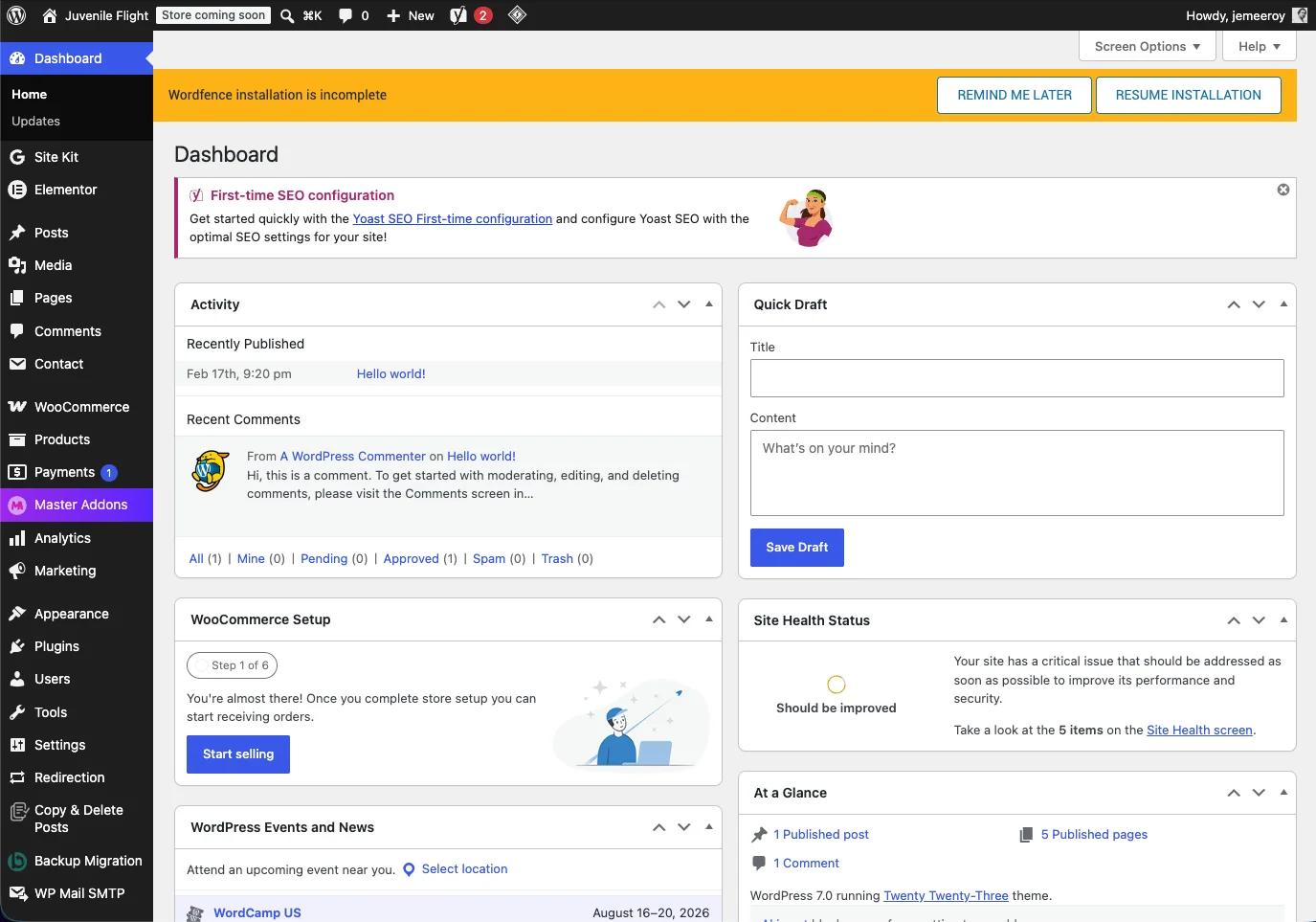 default WordPress dashboard preview