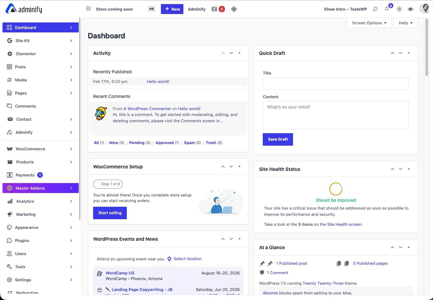 The WordPress admin dashboard after activating WP Adminify, showing a modern UI template, organized menu, and custom branding replacing the default gray interface