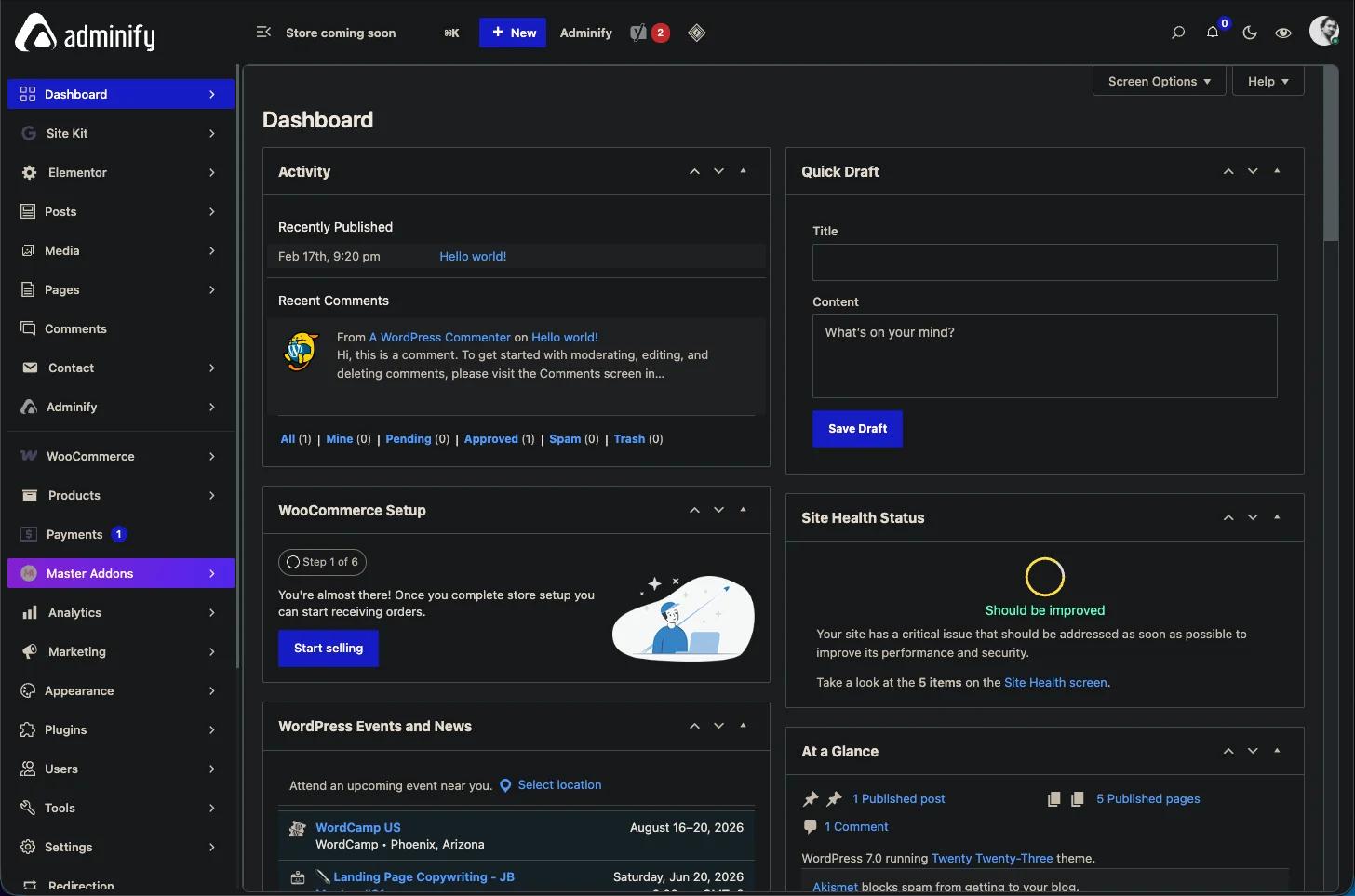 WP Adminify dashboard customization panel showing UI template options and the dark mode scheduling toggle