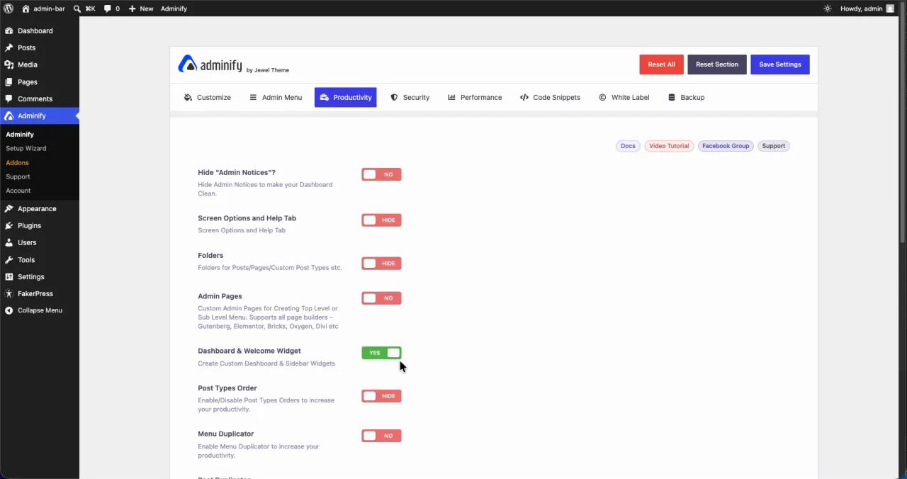Enabling the Dashboard and Welcome Widget feature in the WP Adminify Productivity settings tab