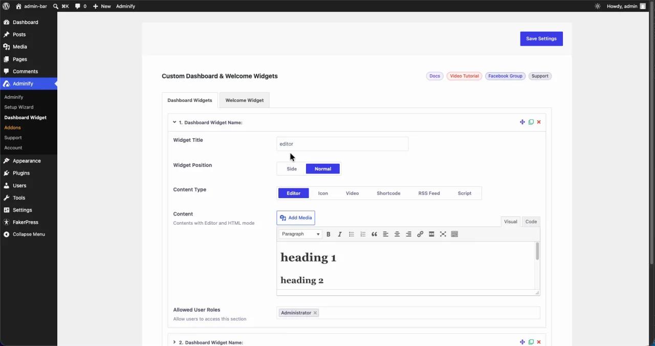 Configuring a custom dashboard widget title, content type, and allowed user roles in WP Adminify