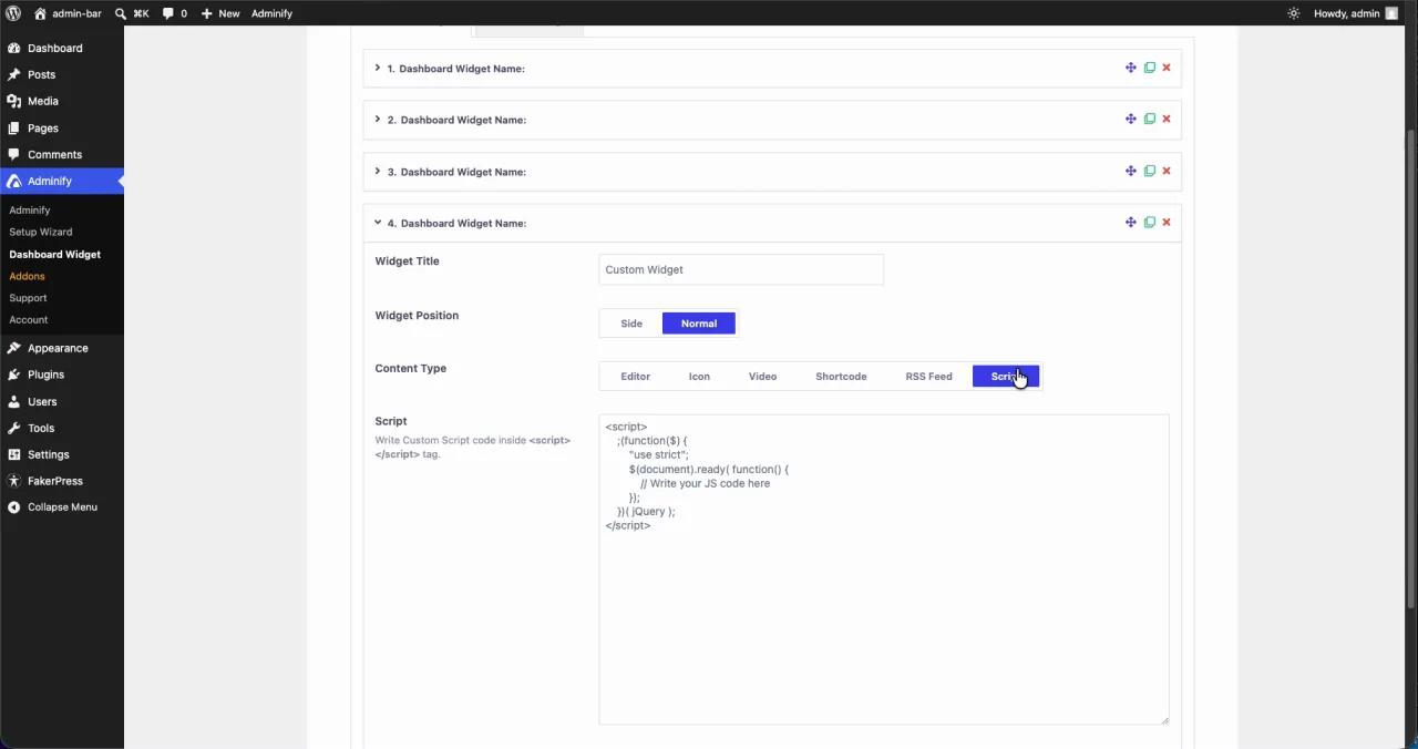 Adding custom JavaScript to a WordPress dashboard widget using the Script content type in WP Adminify