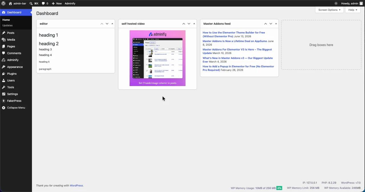 Custom dashboard widgets displayed live on the WordPress admin dashboard built with WP Adminify