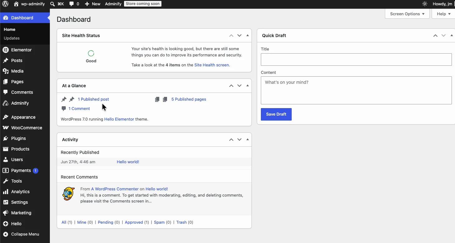 Default WordPress dashboard before white labeling, showing Site Health, At a Glance, WordPress News and welcome widgets