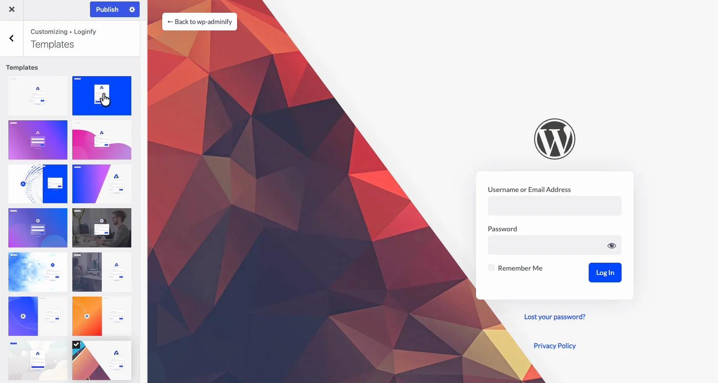 White label WordPress login page being designed in the Loginfy customizer with template gallery and branded background