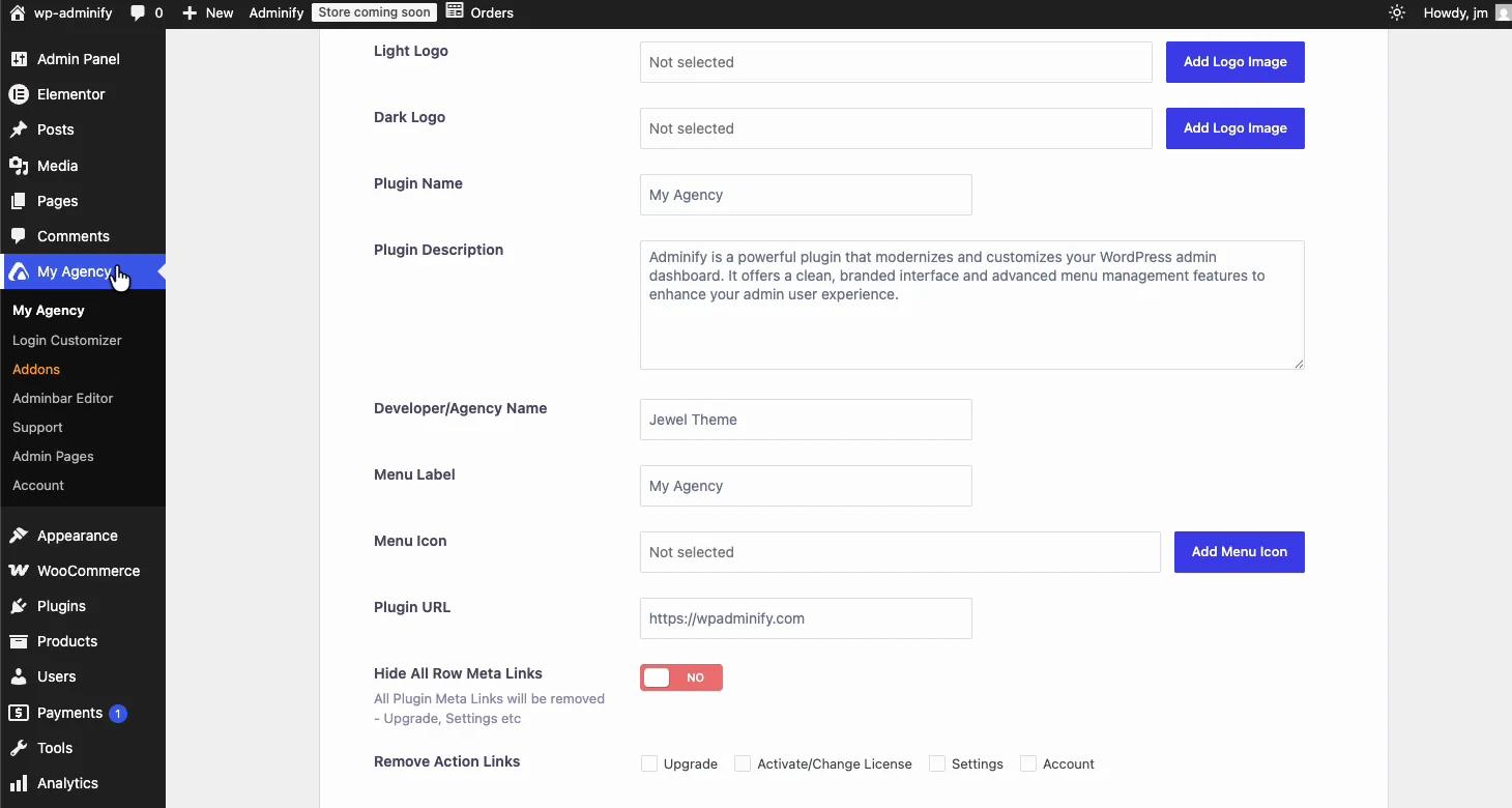 WP Adminify plugin white label settings renaming the plugin to My Agency, with the admin menu sidebar now showing the agency brand instead of Adminify