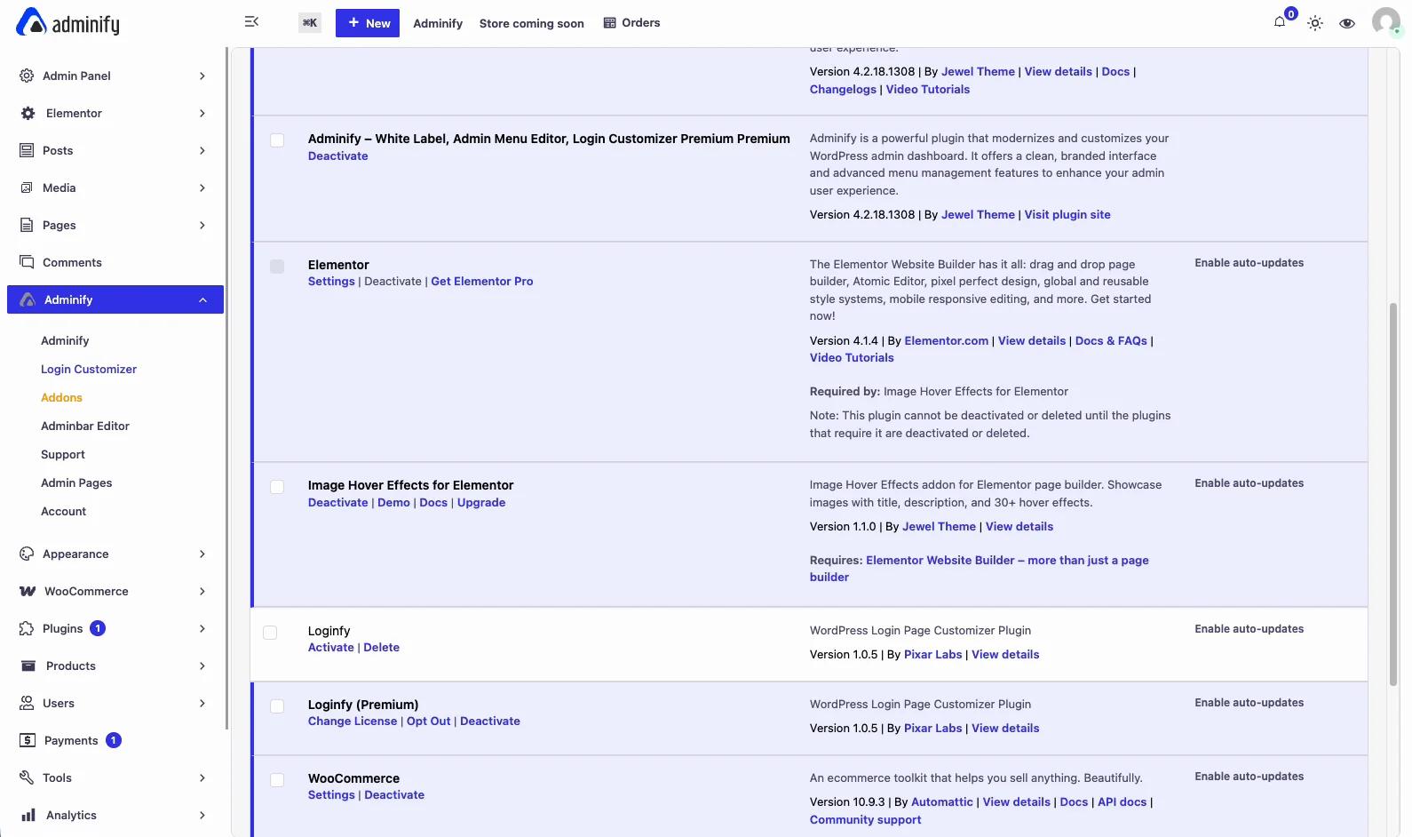 WordPress admin with the Adminify menu expanded, showing the Login Customizer link above the plugins screen