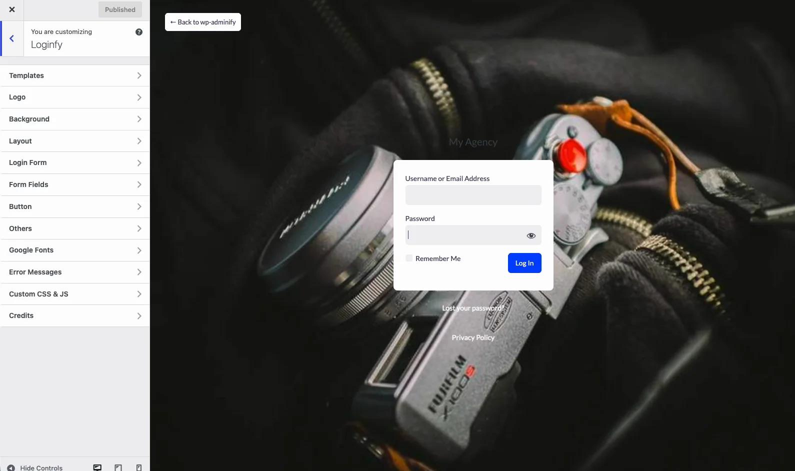 Loginfy customizer panel listing Templates, Logo, Background, Layout, Login Form and other sections, with the login page preview alongside