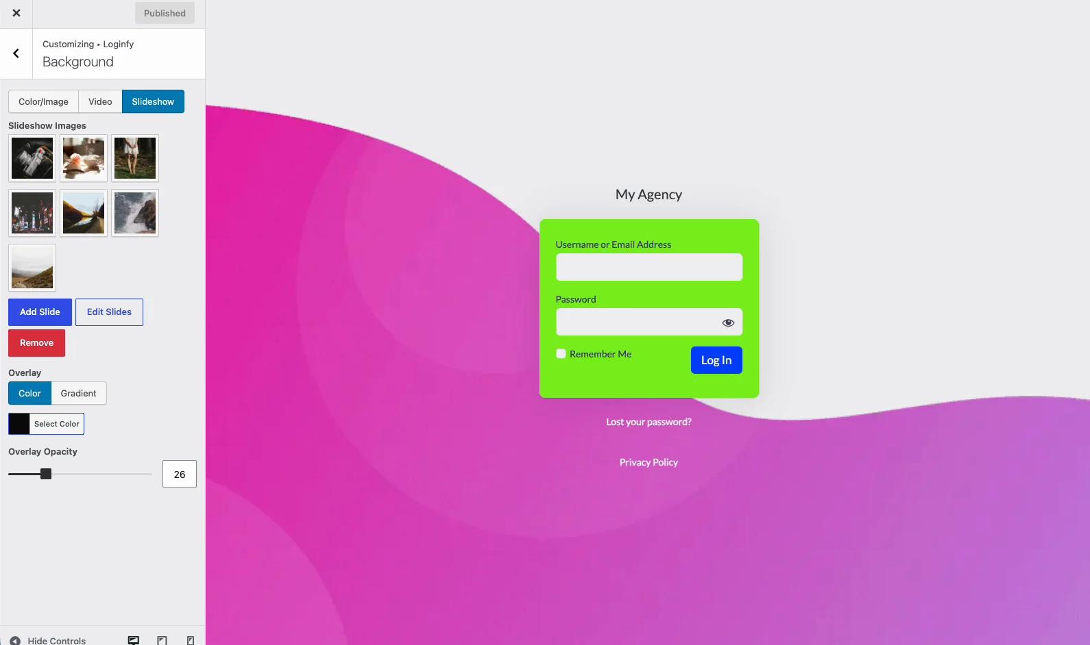 Loginfy Slideshow tab with seven gallery thumbnails, Add Slide, Edit Slides and Remove buttons