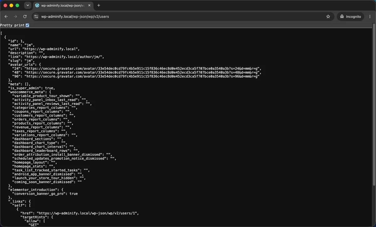 WordPress REST API users endpoint returning JSON with author name id and slug username exposed to an unauthenticated visitor