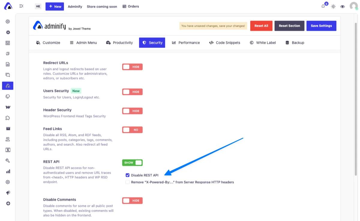 WP Adminify Security settings REST API section with Disable REST API checkbox ticked and the Save Settings button