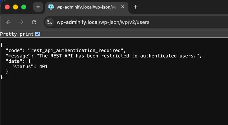 WordPress REST API users endpoint after enabling WP Adminify Disable REST API showing a 401 rest_api_authentication_required response