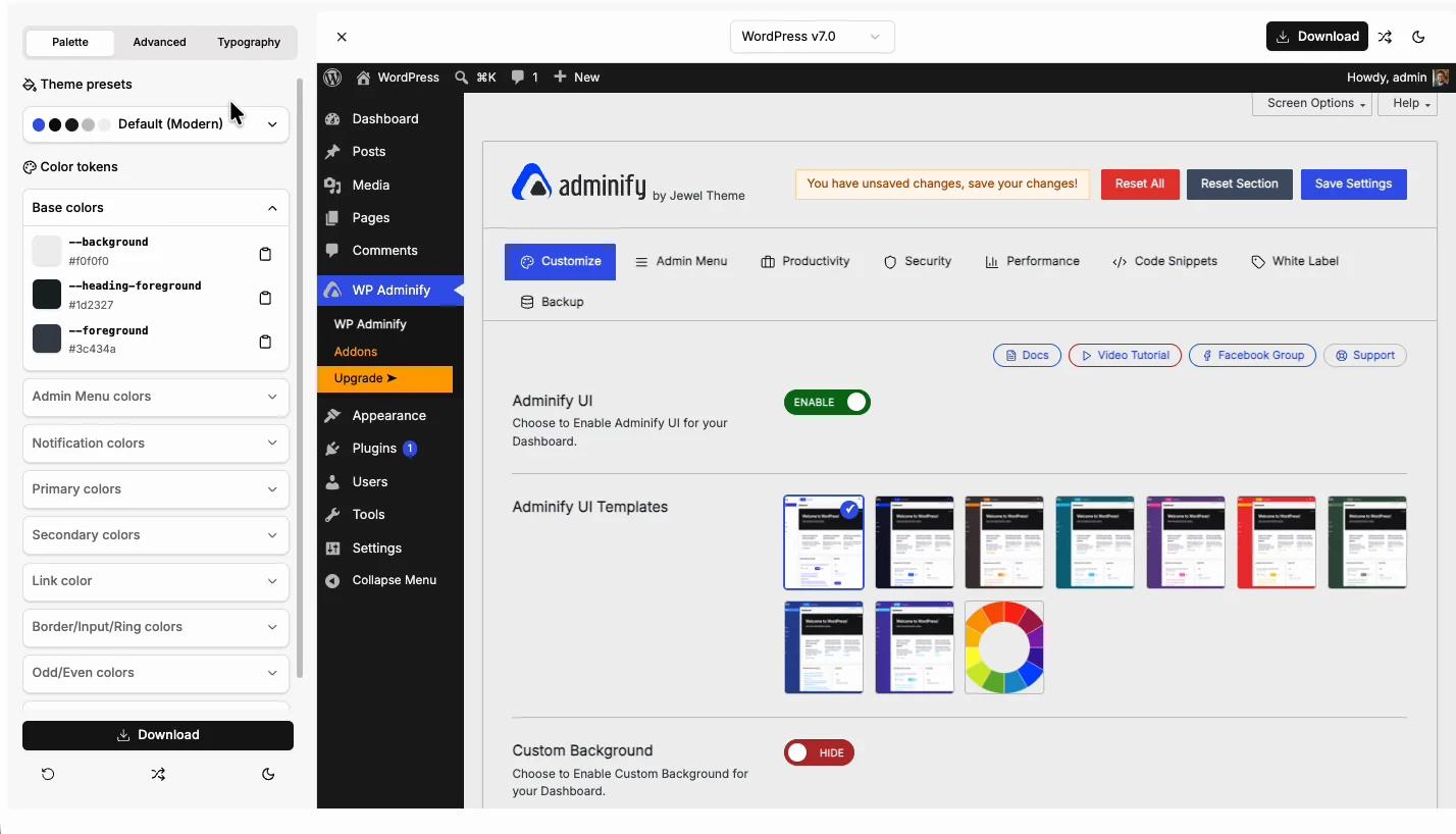 WordPress admin color generator tool showing the palette panel next to a live WordPress dashboard preview