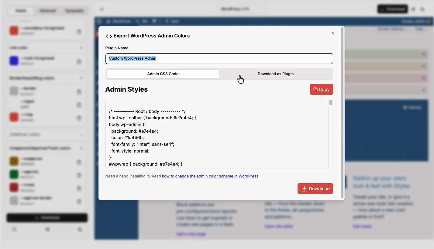Export WordPress admin colors dialog with Admin CSS Code and Download as Plugin tabs showing the generated admin styles