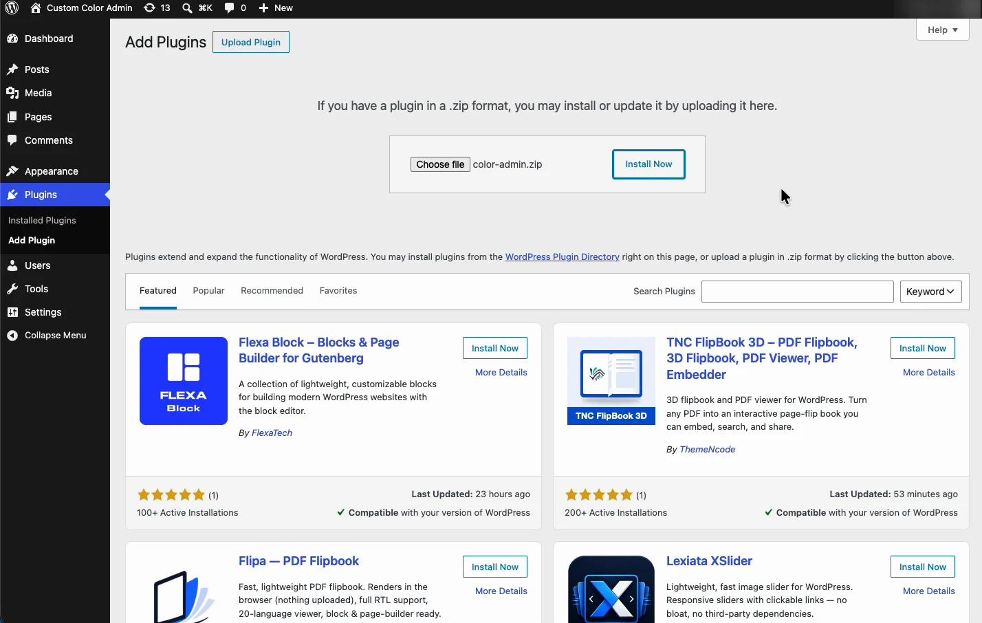 Uploading the color-admin.zip file on the WordPress Add Plugins screen with the Install Now button