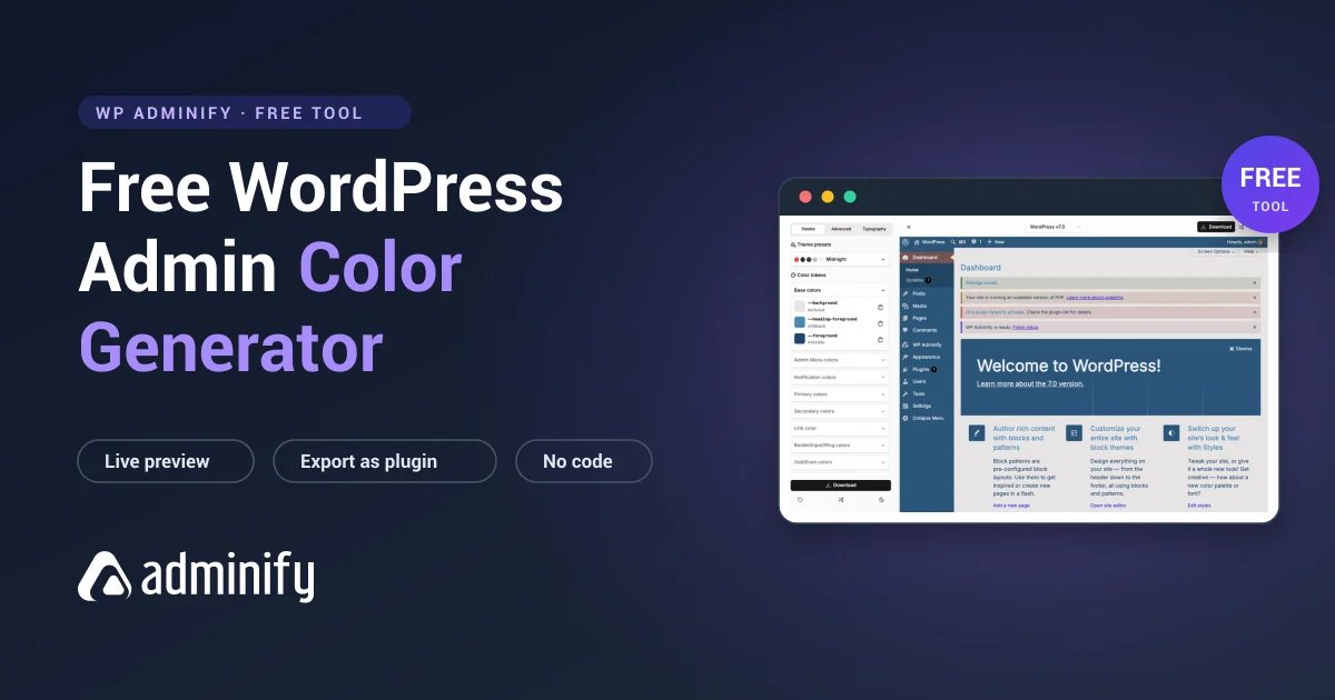Free WordPress admin color generator tool with live dashboard preview