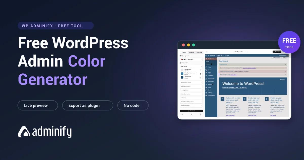 Free WordPress admin color generator tool with live dashboard preview