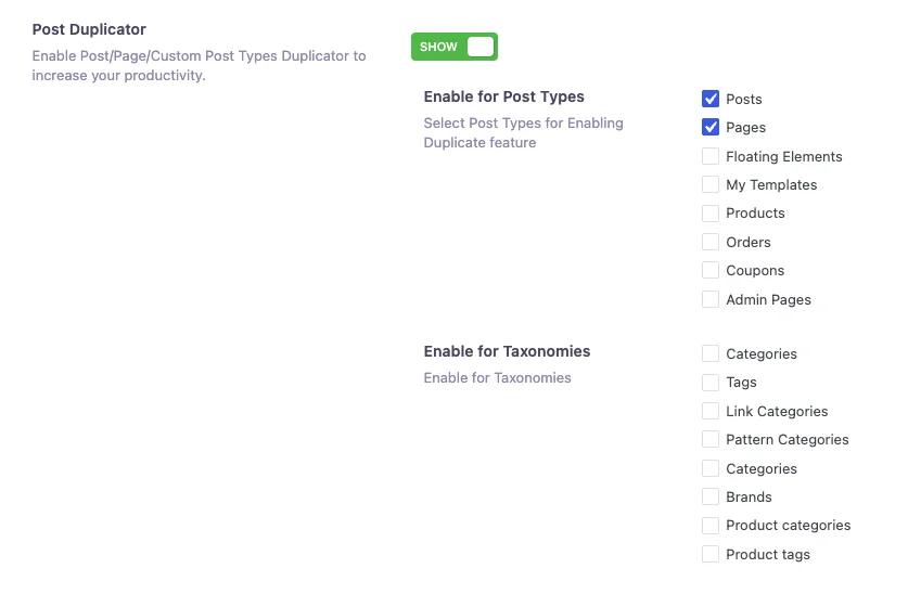 Enabling the Post Duplicator in WP Adminify addon settings to duplicate pages and posts in WordPress