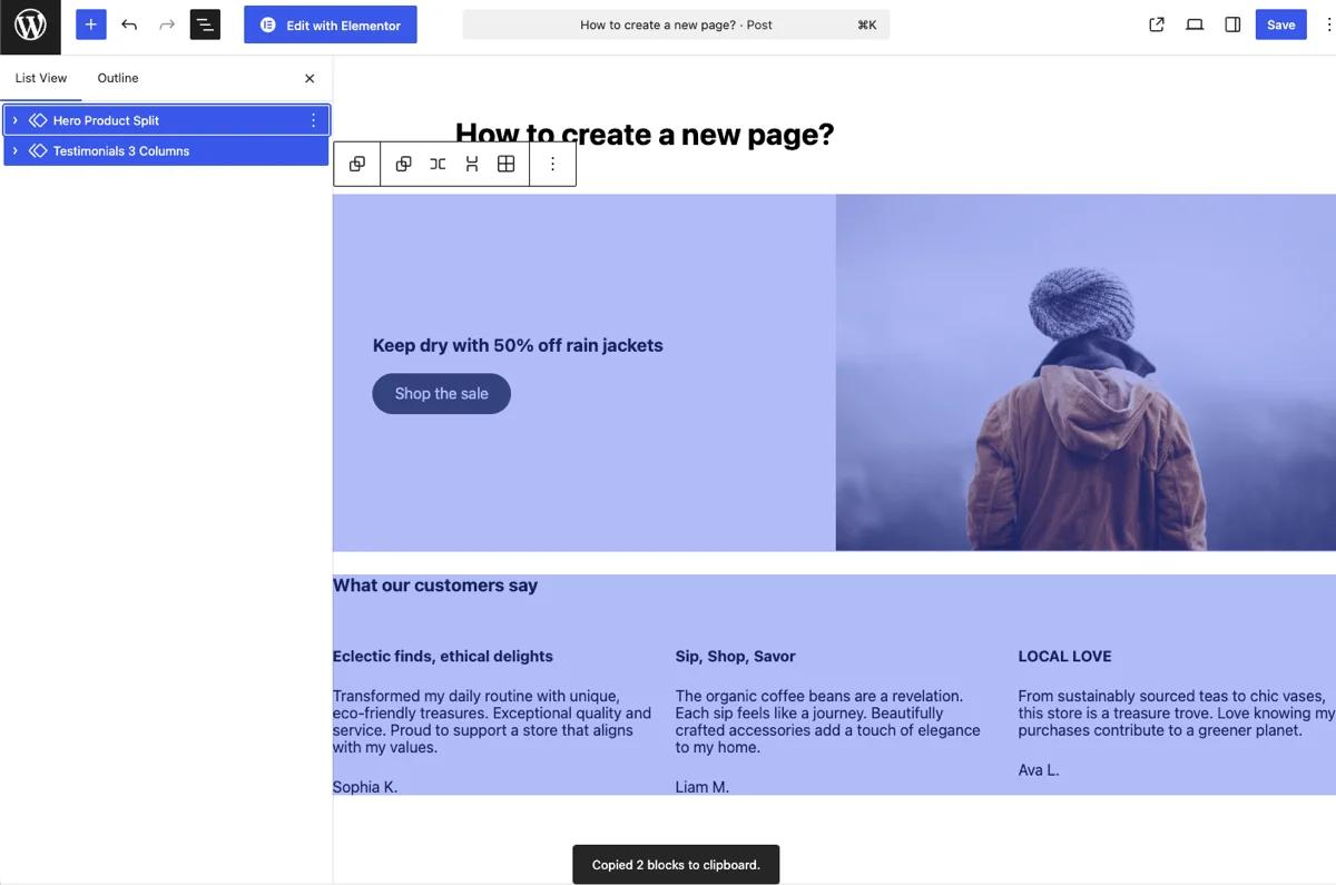 Copy all blocks option in the Gutenberg editor menu to duplicate WordPress page content without a plugin