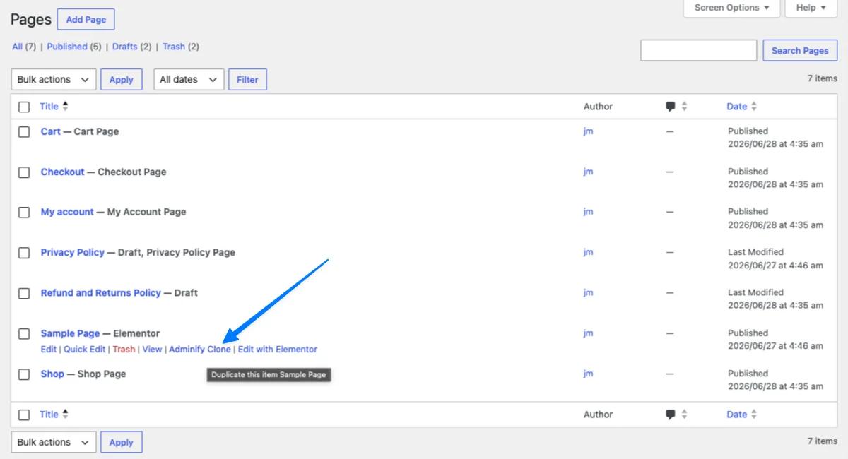 Adminify Clone link in the WordPress pages list row actions for duplicating a page