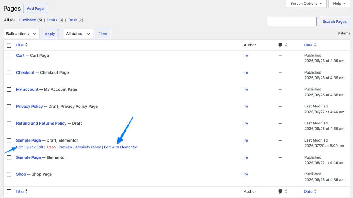 Duplicated WordPress page saved as a draft copy in the pages list