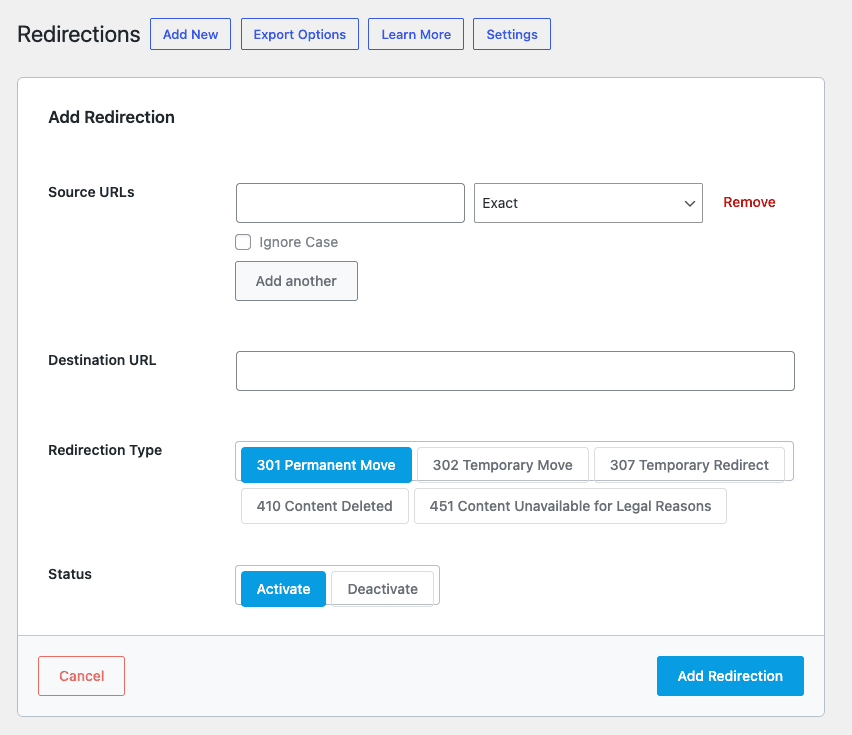 Redirection plugin Add new redirection form in the WordPress admin with a source URL, target URL, and the 301 redirect type selected