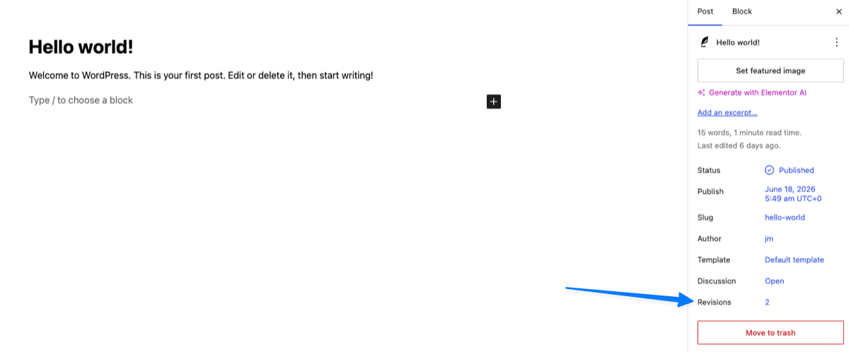 Revisions entry with a revision count highlighted in the Post tab of the WordPress block editor settings sidebar