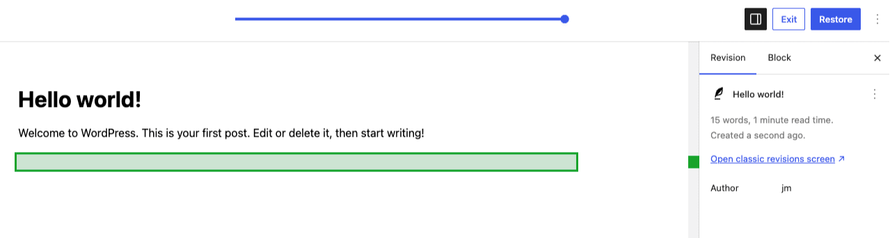 WordPress revisions comparison screen with the version slider at the top, added content highlighted in green, and the Restore and Exit buttons in the top corner