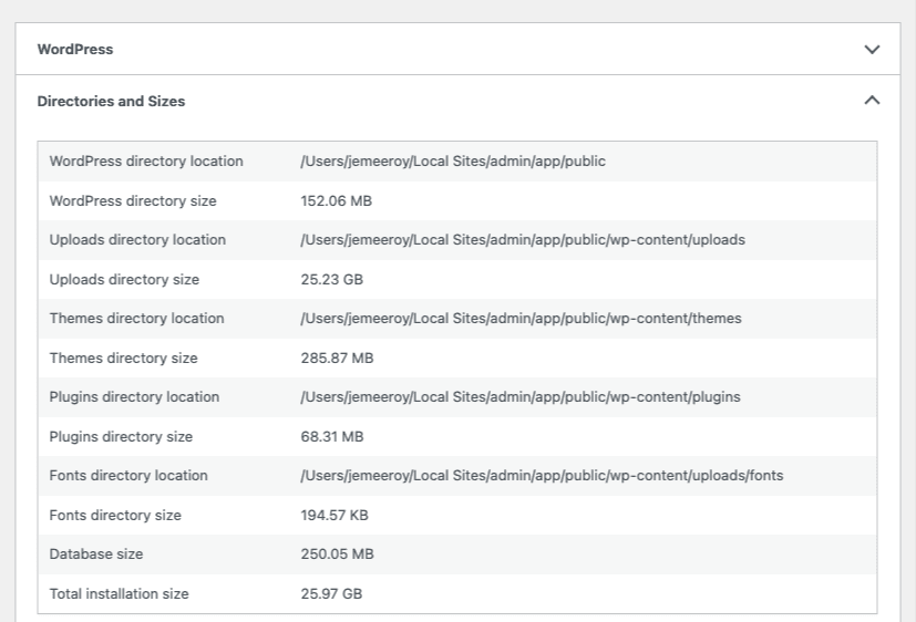 WordPress Site Health Directories and Sizes panel showing the uploads directory dominating total installation size