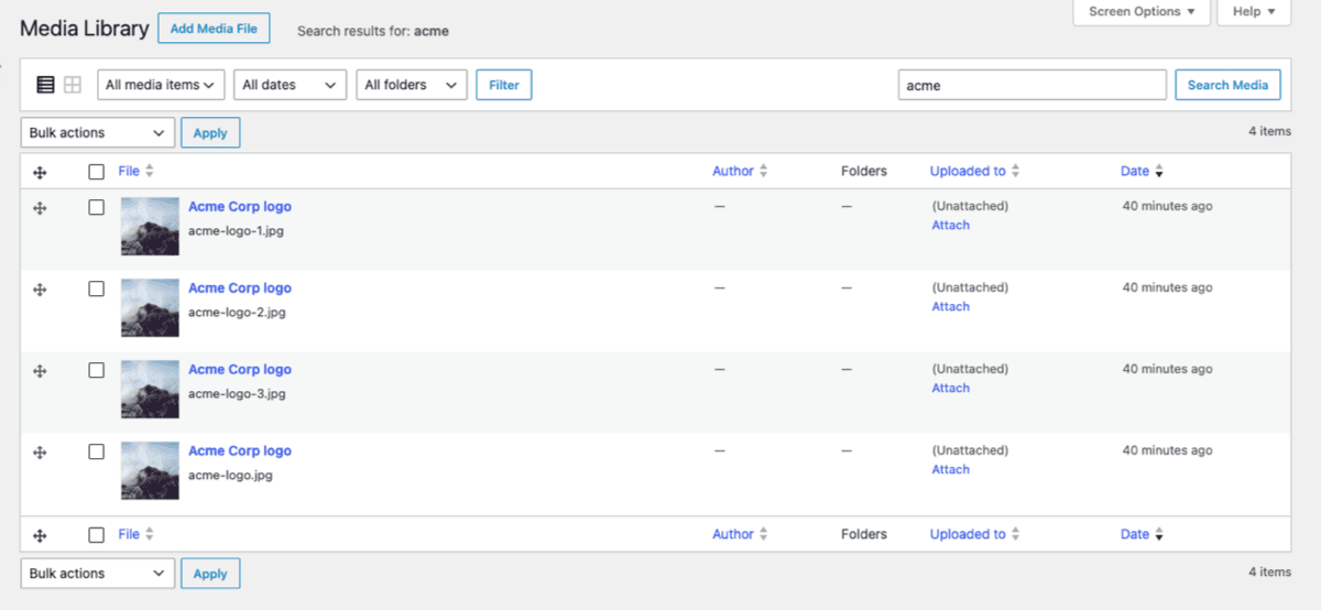 WordPress Media Library search results showing acme-logo.jpg duplicated as acme-logo-1.jpg, acme-logo-2.jpg and acme-logo-3.jpg, all marked Unattached