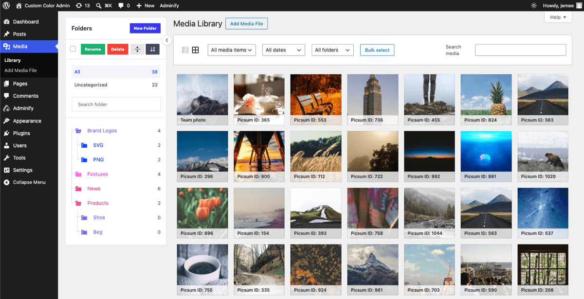 WordPress Media Library with a folder tree showing Brand Logos, Features, News and Products folders with nested subfolders and per-folder file counts