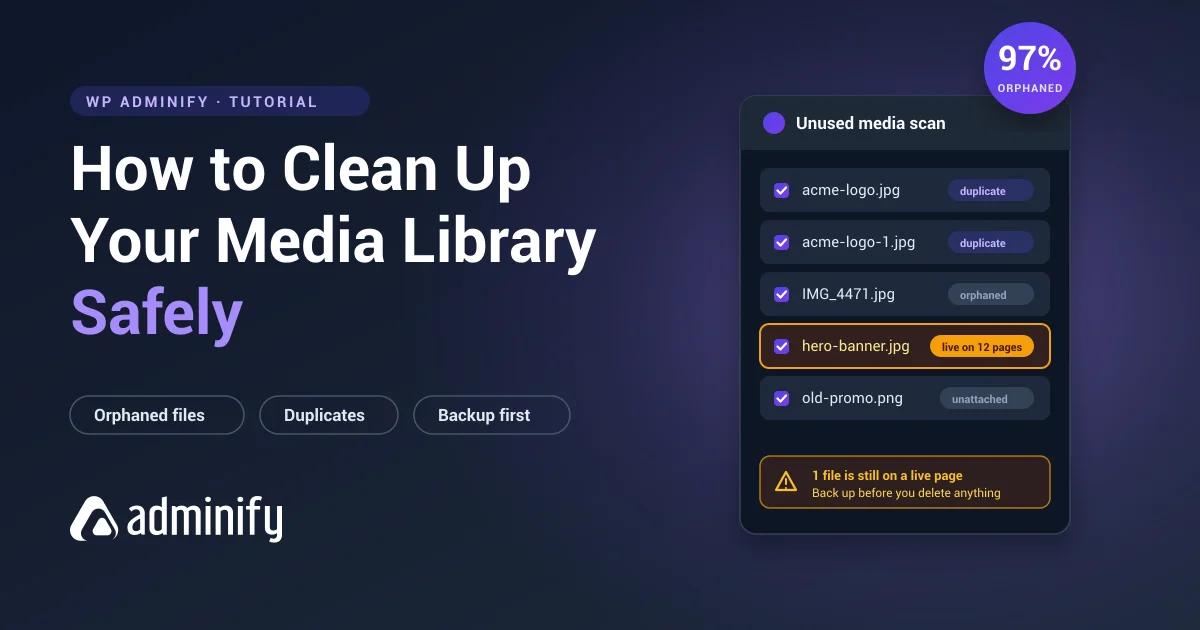 How to clean up your WordPress media library safely — unused media scan showing duplicate and orphaned files with one file still live on 12 pages