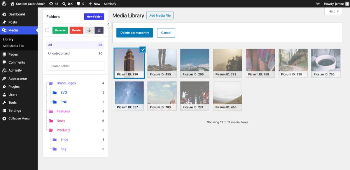 Bulk select mode in the WordPress Media Library grid with the first image selected out of eleven results
